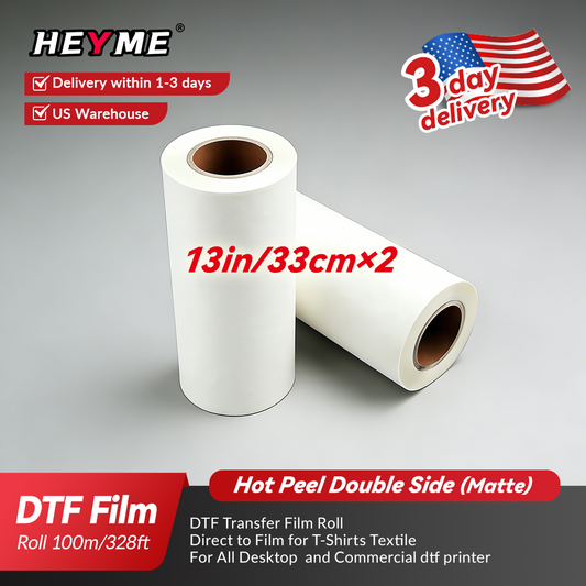 HEYME DTF Transfer Film | 2 Rolls 13” × 328ft (33cm × 100m) | Double Sided Matte | Instant Hot Peel | US Warehouse