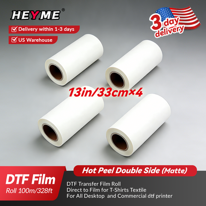HEYME DTF Transfer Film | 4 Rolls 13” × 328ft (33cm × 100m) | Double Sided Matte | Instant Hot Peel | US Warehouse