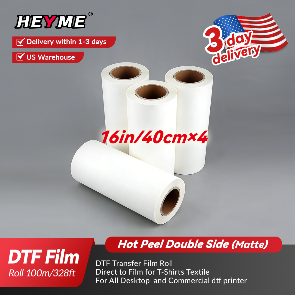 HEYME DTF Transfer Film | 4 Rolls 16” × 328ft (40cm × 100m) | Double Sided Matte | Instant Hot Peel | US Warehouse