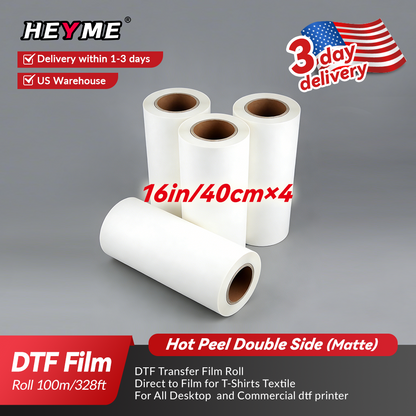 HEYME DTF Transfer Film | 4 Rolls 16” × 328ft (40cm × 100m) | Double Sided Matte | Instant Hot Peel | US Warehouse