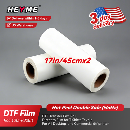 HEYME DTF Transfer Film | 2 Rolls 17” × 328ft (45cm × 100m) | Double Sided Matte | Instant Hot Peel | US Warehouse