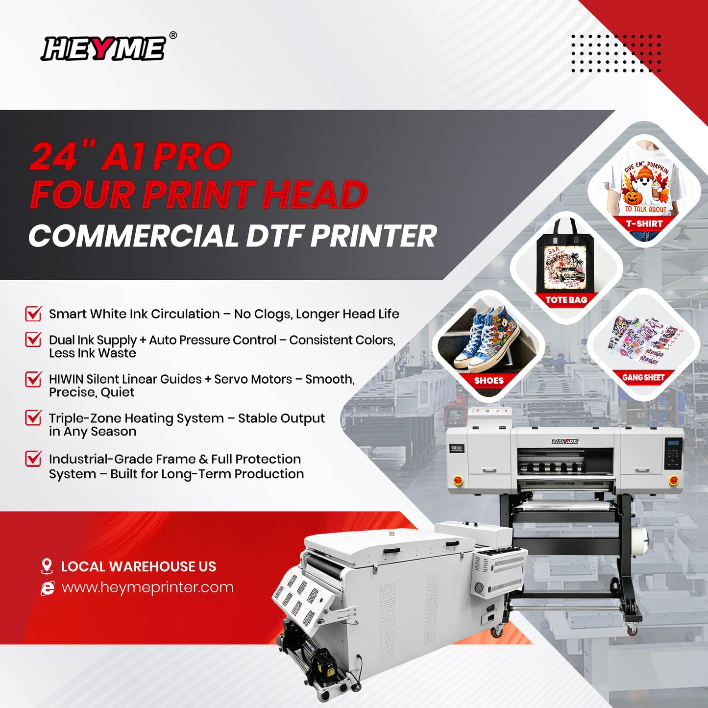 HEYME DTF 704 Printer | Printer + Powder shaker | A1/24in Sizes | 4 printhead