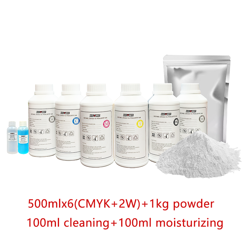 DTF Consumables Set | 6 Bottles 500ml CMYK+2W + 100ml Moisturizing + 100ml Cleaning + 1kg Powder