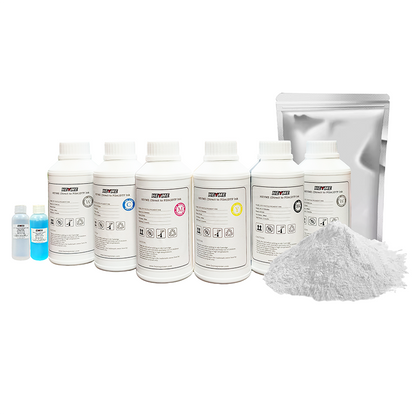 DTF Consumables Set | 6 Bottles 500ml CMYK+2W + 100ml Moisturizing + 100ml Cleaning + 1kg Powder