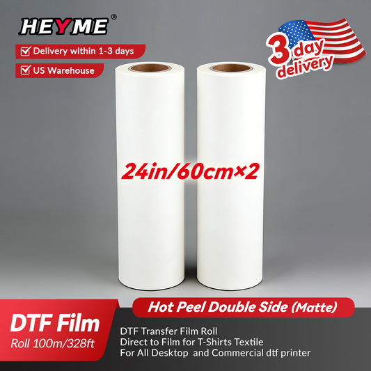 HEYME DTF Transfer Film | 2 Rolls 24” × 328ft (60cm × 100m) | Double Sided Matte | Instant Hot Peel | US Warehouse